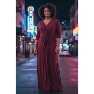 Koh Koh Burgundy Twist Front Maxi Dress 3/4 Sleeve Elegant Formal Gown Women's L